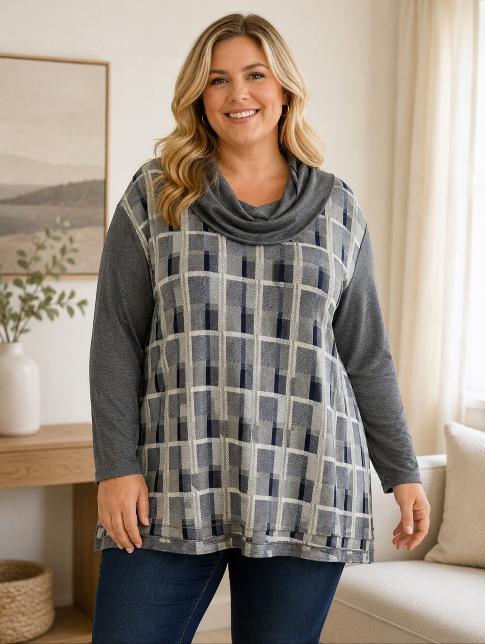 Parsley & Sage Gray Plaid Knit Cowlneck Tunic Top Sz 1X Leisurewear Casual Boho